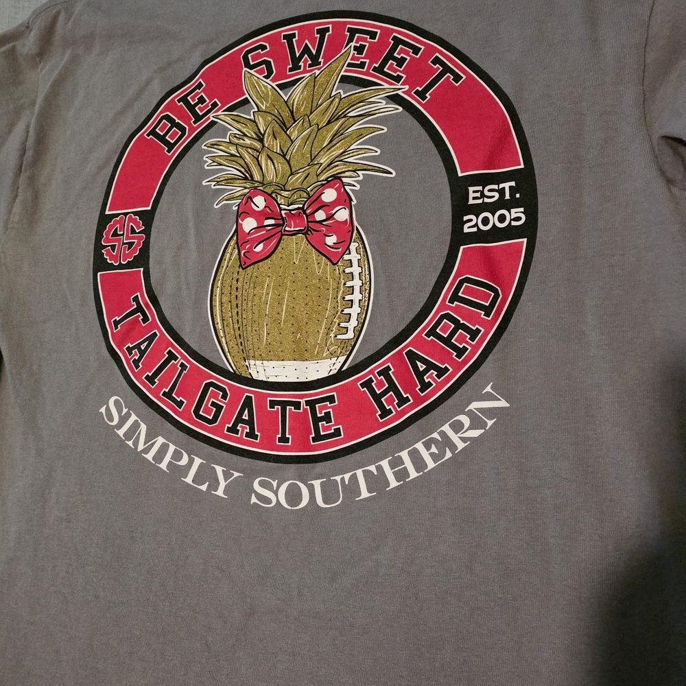 Simply Southern Gray T-Shirt with Red and Gold Pineapple Design